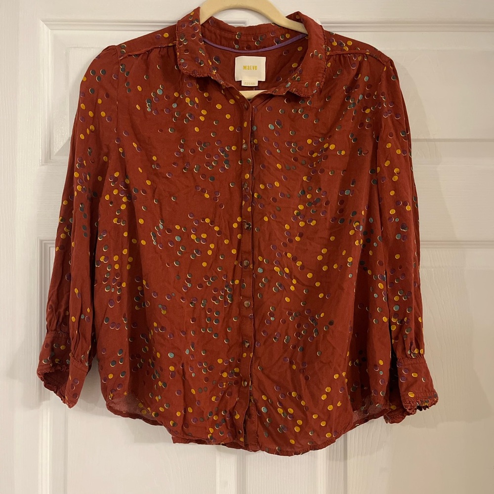 Anthropologie‎ Maeve Aldan Buttondown Top Shirt Dots women’s medium rust color